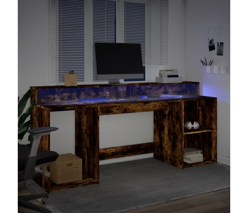 Escritorio con LED madera ingeniería roble ahumado 200x55x91 cm