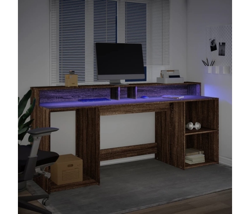 Escritorio con LED madera ingeniería marrón roble 200x55x91 cm