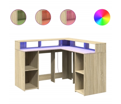 Escritorio con LED madera ingeniería roble Sonoma 130x130x91 cm