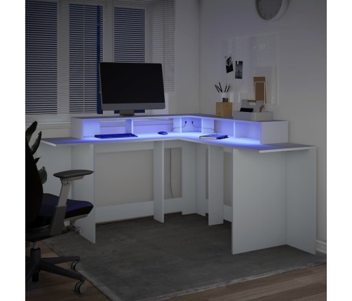 Escritorio con luz LED madera ingeniería blanco 152x152x91 cm