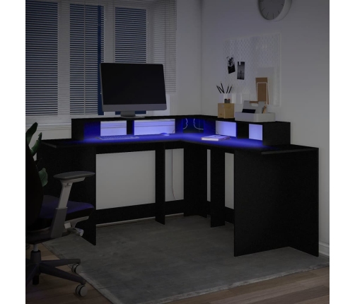 Escritorio con luz LED madera ingeniería negro 152x152x91 cm