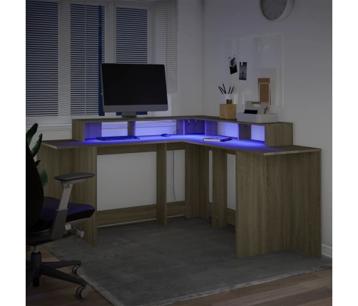 Escritorio con LED madera ingeniería roble Sonoma 152x152x91 cm