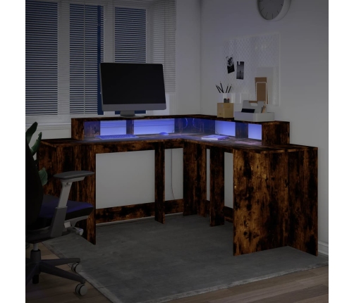 Escritorio con LED madera ingeniería roble ahumado 152x152x91cm