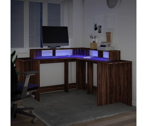 Escritorio con LED madera ingeniería marrón roble 152x152x91 cm