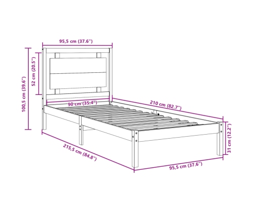 Cama extralarga sin colchón madera maciza 90x210 cm