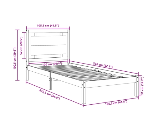 Cama extralarga sin colchón madera maciza 100x210 cm