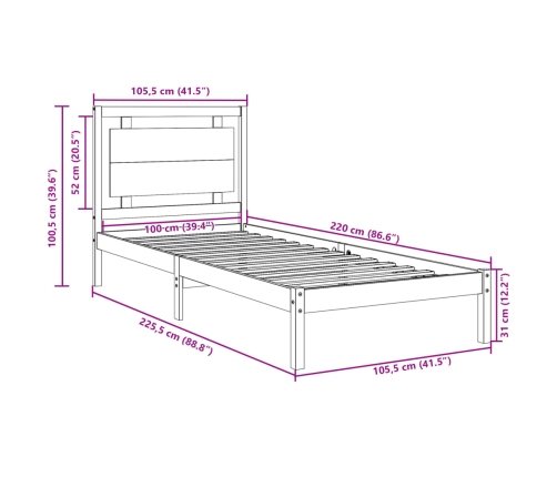 Cama extralarga sin colchón madera maciza blanca 100x220 cm