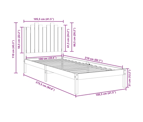 Cama extralarga sin colchón madera maciza 100x210 cm