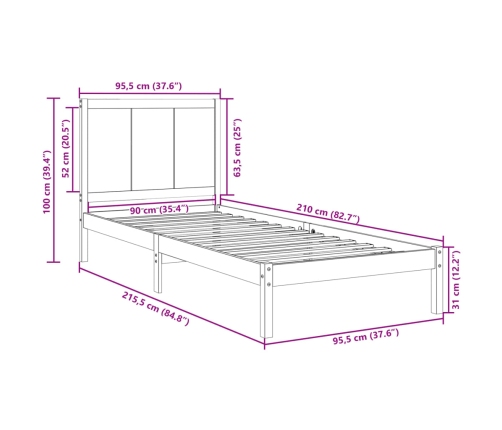 Cama extralarga sin colchón madera maciza 90x210 cm