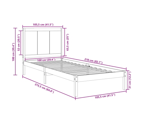 Cama extralarga sin colchón madera maciza 100x210 cm