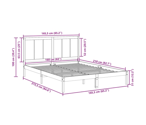 Cama extralarga sin colchón madera maciza 160x210 cm