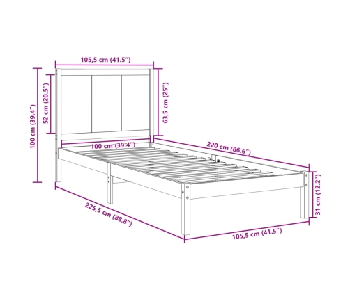 Cama extralarga sin colchón madera maciza 100x220 cm