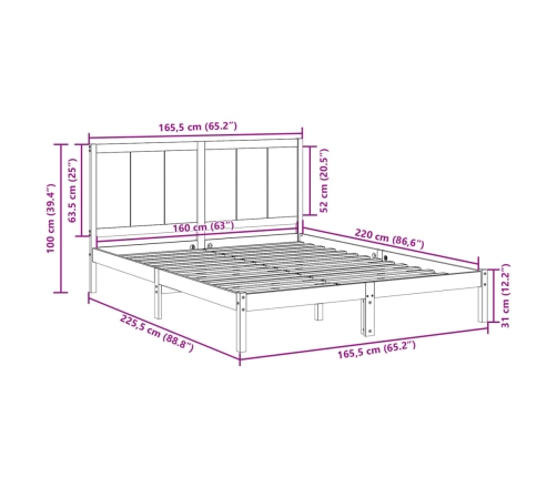 Cama extralarga sin colchón madera maciza 160x220 cm