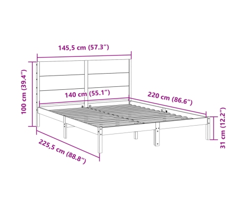 Cama extralarga sin colchón madera maciza blanca 140x220 cm