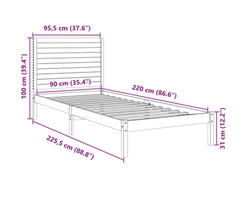 Cama extralarga sin colchón madera maciza 90x220 cm