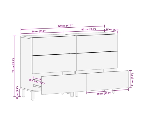 Aparadores 2 uds madera de ingeniería negro 60x33x75 cm