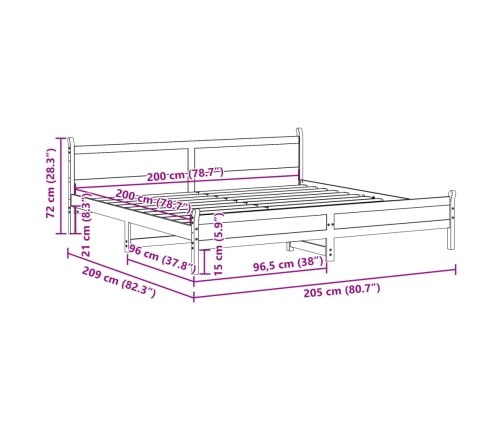 Cama sin colchón madera maciza de pino marrón cera 200x200 cm