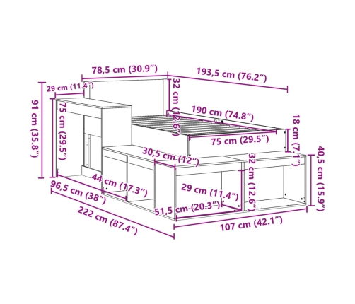 Estructura de cama sin colchón madera maciza pino 75x190 cm