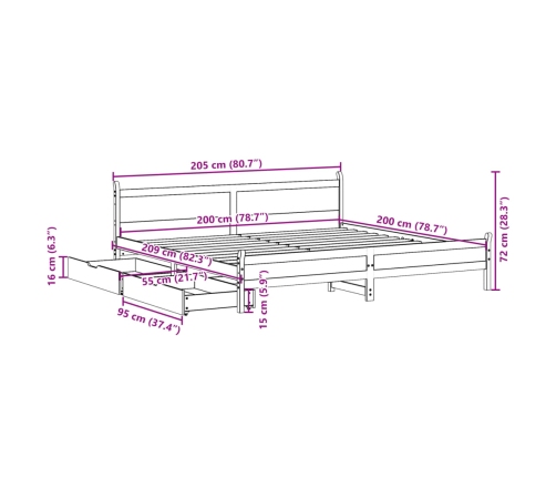 Cama sin colchón madera maciza de pino marrón cera 200x200 cm