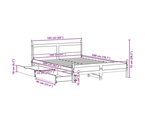 Estructura de cama sin colchón madera maciza de pino 160x200 cm
