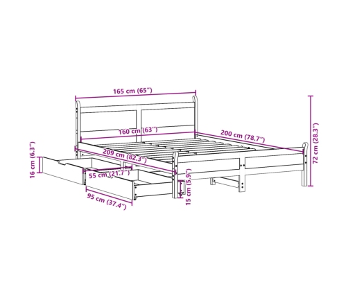 Cama sin colchón madera maciza de pino marrón cera 160x200 cm