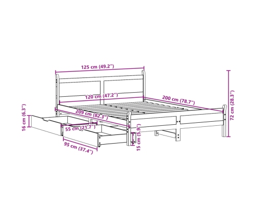 Cama sin colchón madera maciza de pino marrón cera 120x200 cm