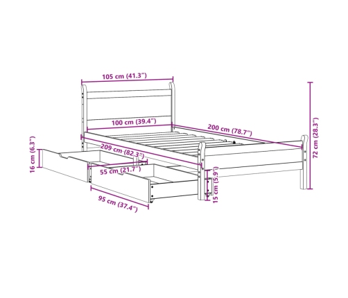 Estructura de cama sin colchón madera maciza de pino 100x200 cm