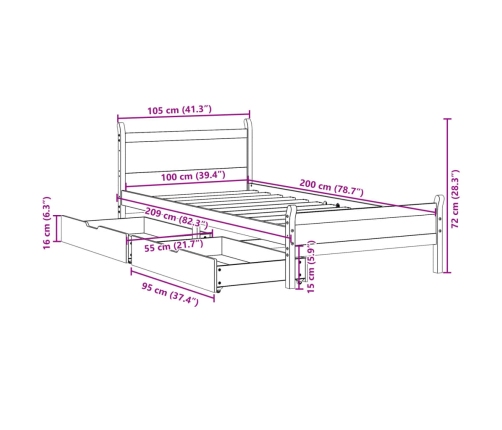 Cama sin colchón madera maciza de pino marrón cera 100x200 cm
