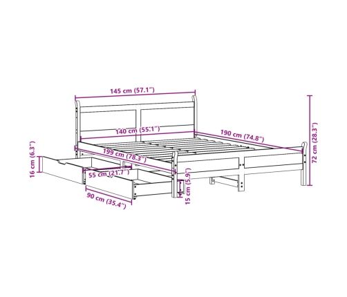 Cama sin colchón madera maciza de pino marrón cera 140x190 cm