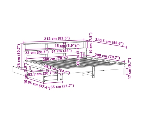 Cama con estantería sin colchón madera maciza blanca 200x200 cm