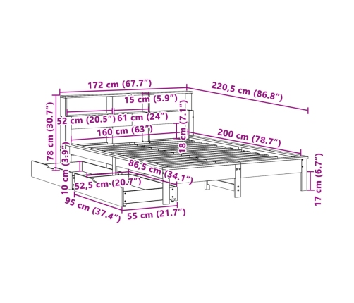 Cama con estantería sin colchón madera maciza de pino 160x200cm