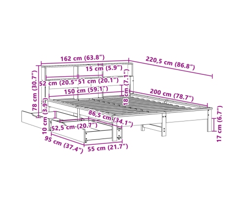 Cama con estantería sin colchón madera maciza de pino 150x200cm