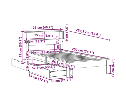 Cama con estantería sin colchón madera maciza de pino 90x200 cm