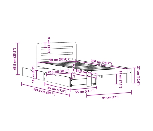 Estructura de cama sin colchón madera maciza de pino 90x200 cm