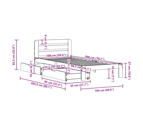 Estructura de cama sin colchón madera maciza de pino 100x200 cm