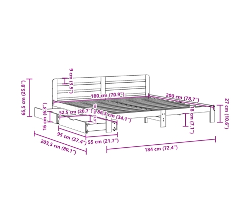 Estructura de cama sin colchón madera maciza de pino 180x200 cm