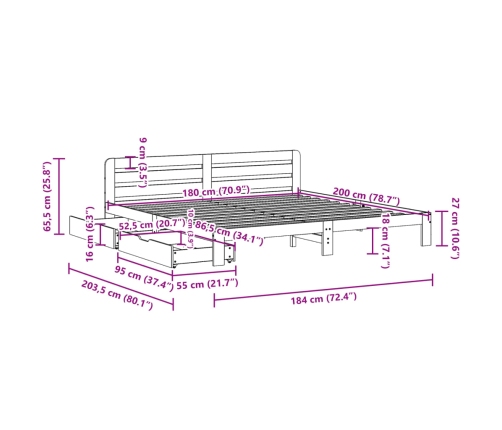 Cama sin colchón madera maciza de pino marrón cera 180x200 cm