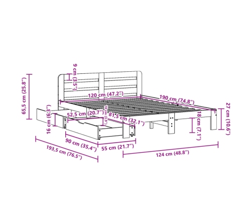 Estructura de cama sin colchón madera maciza de pino 120x190 cm