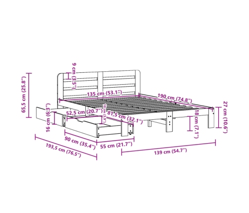 Estructura de cama sin colchón madera de pino blanco 135x190 cm