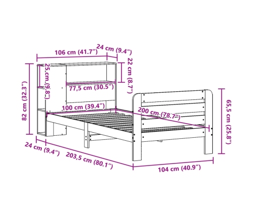 Cama sin colchón madera maciza de pino marrón cera 100x200 cm