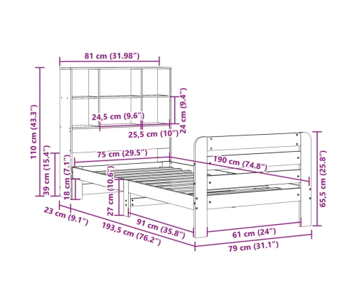 Estructura de cama sin colchón madera maciza pino 75x190 cm