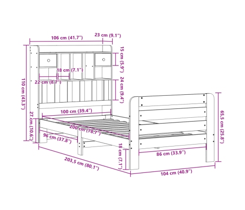 Cama con estantería sin colchón madera maciza de pino 100x200cm