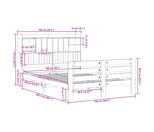 Cama con estantería sin colchón madera maciza de pino 160x200cm