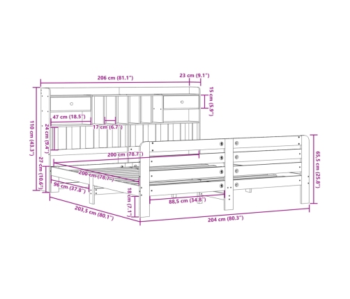 Cama con estantería sin colchón madera maciza blanca 200x200 cm