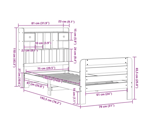 Cama con estantería sin colchón madera maciza blanca 75x190 cm