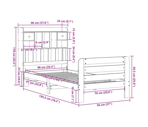 Cama con estantería sin colchón madera maciza de pino 90x190 cm