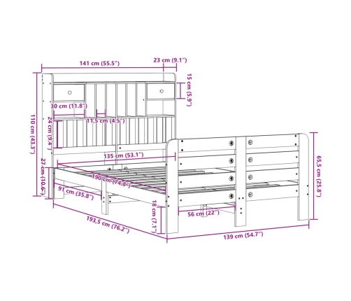 Cama con estantería sin colchón madera maciza marrón 135x190cm