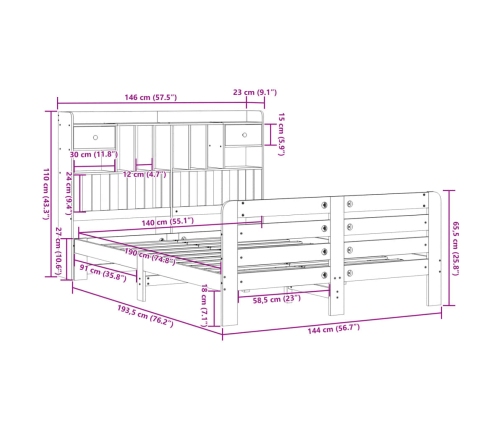 Cama con estantería sin colchón madera maciza blanca 140x190 cm