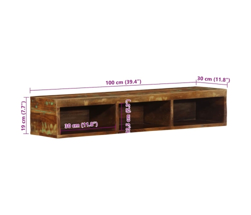 Mueble de TV de pared madera maciza reciclada 100x30x19 cm