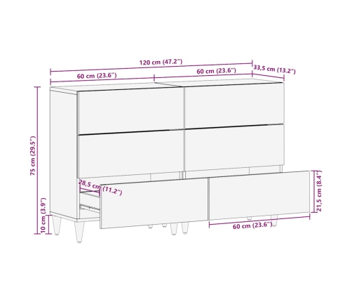 Aparadores 2 uds de madera maciza de mango 60x33,5x75 cm